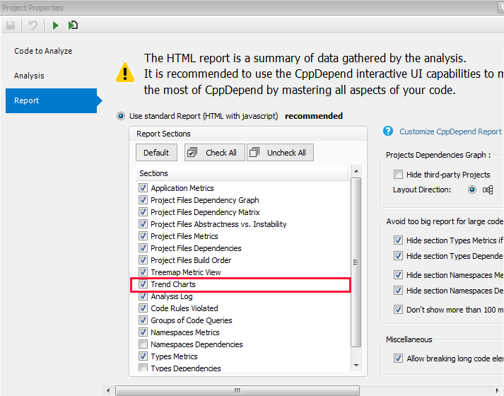 trend charts in cppdepend report