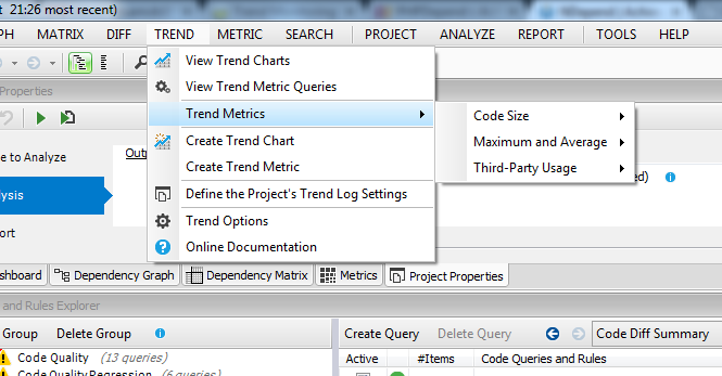 trend menu in cppdepend