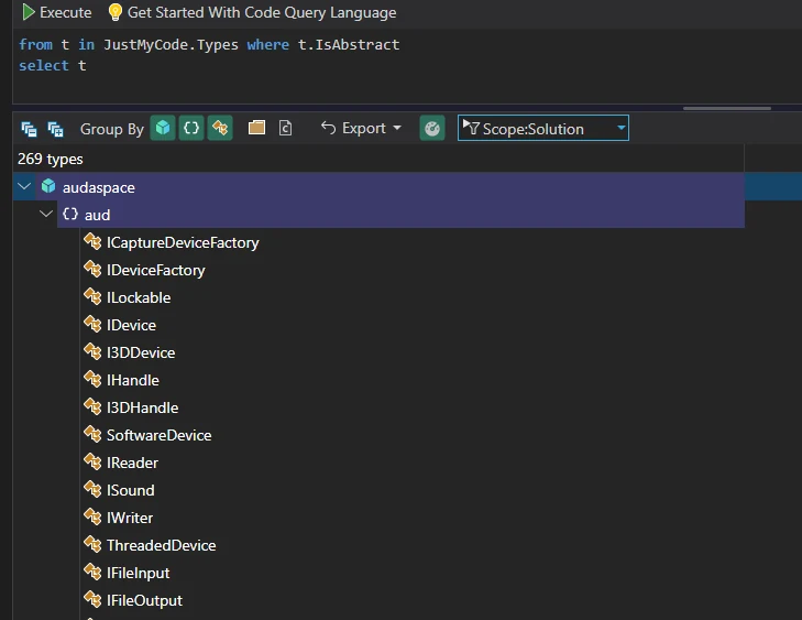 CQLinq query listing abstract interface types in Blender