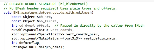 Cleaned kernel signature using plain types and offsets with no Bmesh header required