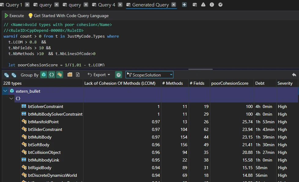 LCOM query showing that less than 3 percent of Blender types are not cohesive