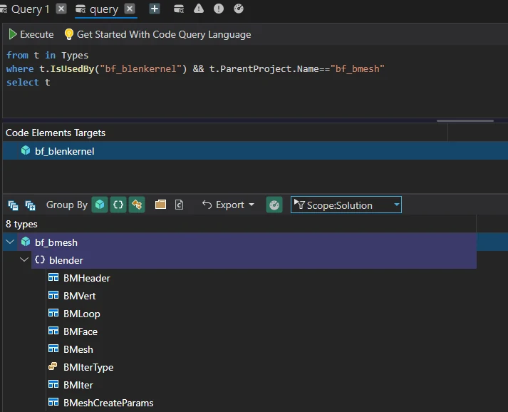 CQLinq query isolating the types consumed by bf_blenkernel from bf_bmesh