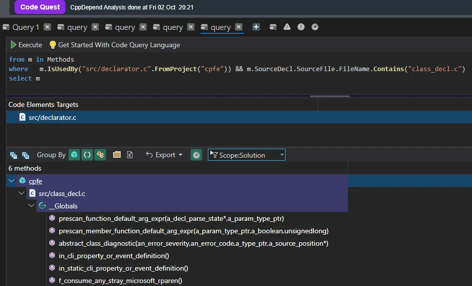 Code Quest query listing the six class_decl.c methods used by declarator.c