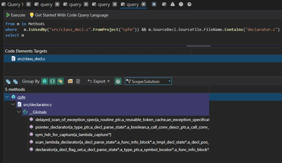 Code Quest query listing the five declarator.c methods used by class_decl.c