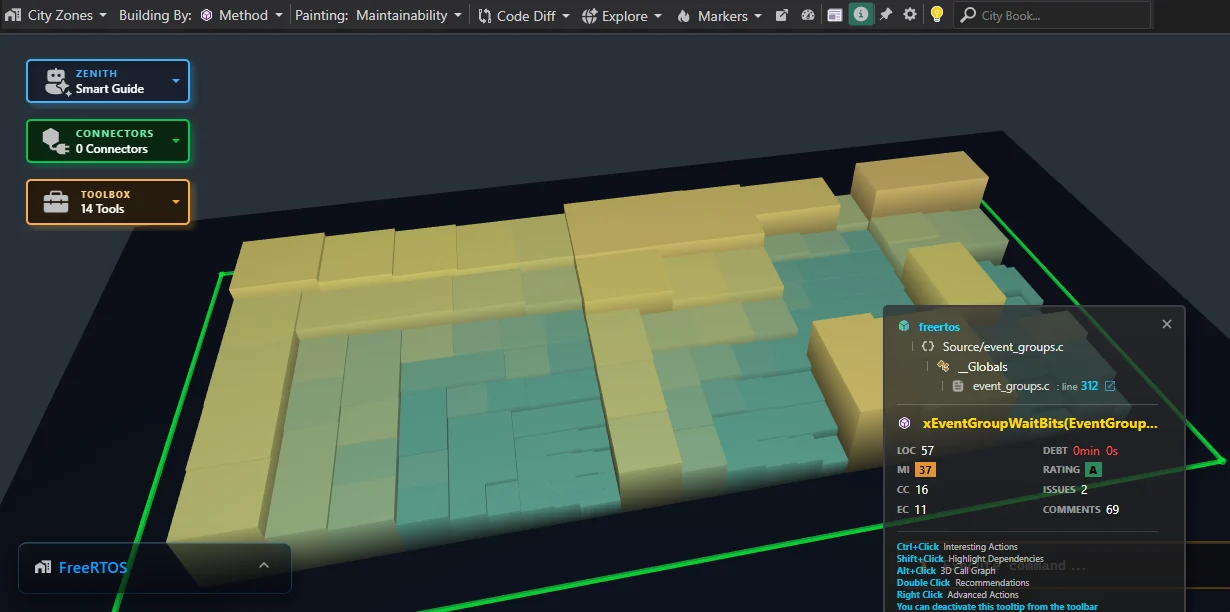FreeRTOS codebase visualized as a 3D Code City in CppDepend