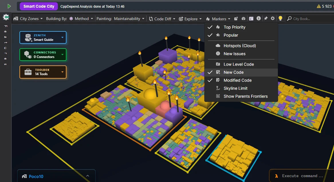 Smart Code City Code Diff view: gold buildings for new code, purple for modified code