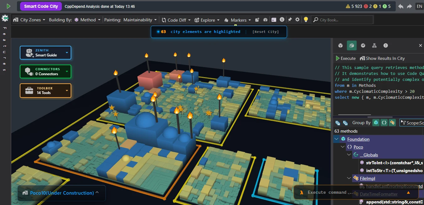 CQLinq query results highlighted in bright blue across the Smart Code City 3D landscape