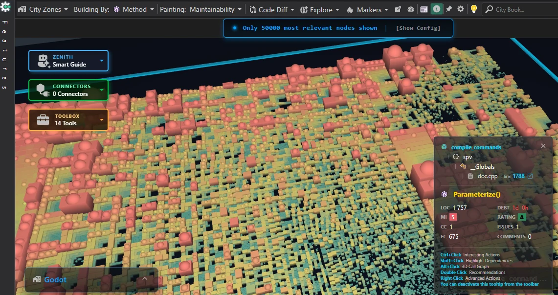Die Godot-Codebasis als 3D-Code-City in CppDepend visualisiert