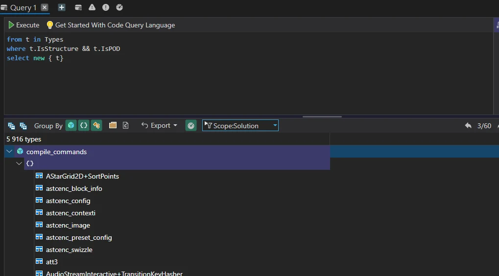 Eine Code-Quest-Abfrage listet die POD-Typen der Godot-Codebasis