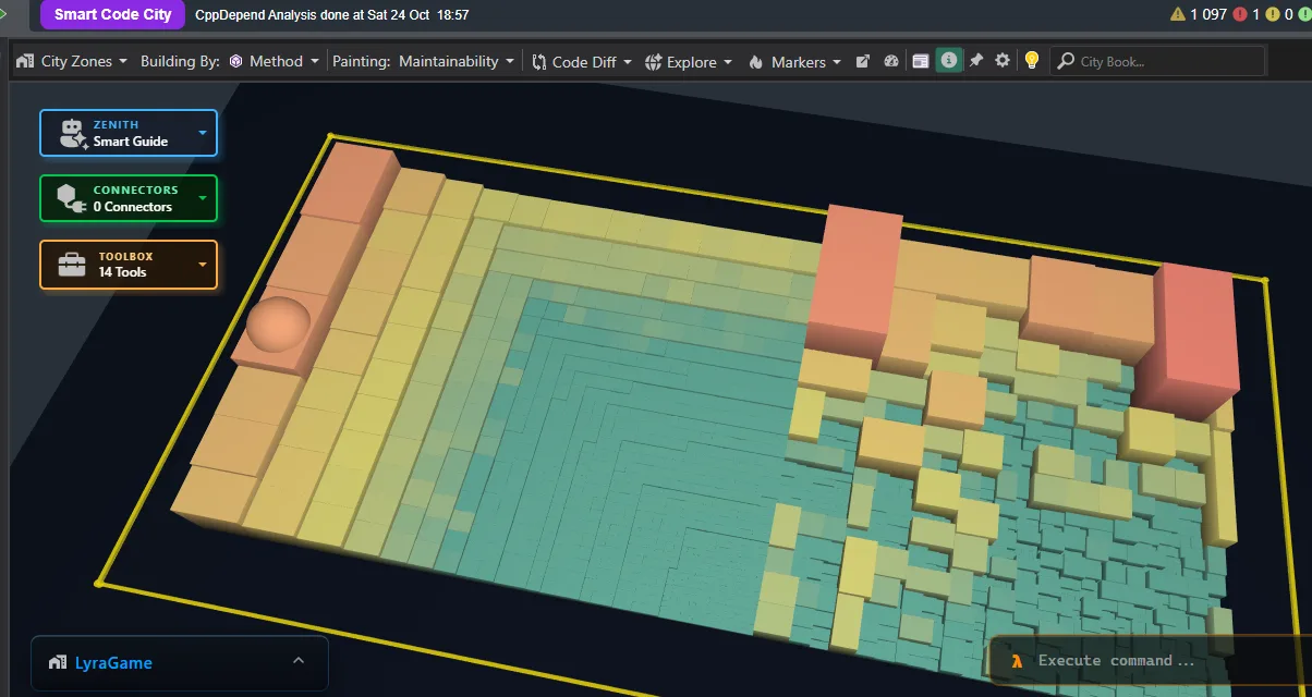 CppDepend 3D Code City view of the Lyra Starter Game codebase