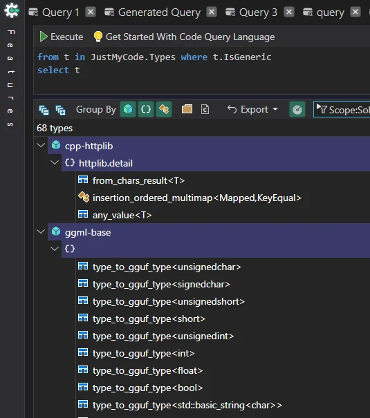 CppDepend code query searching for template definitions in llama.cpp