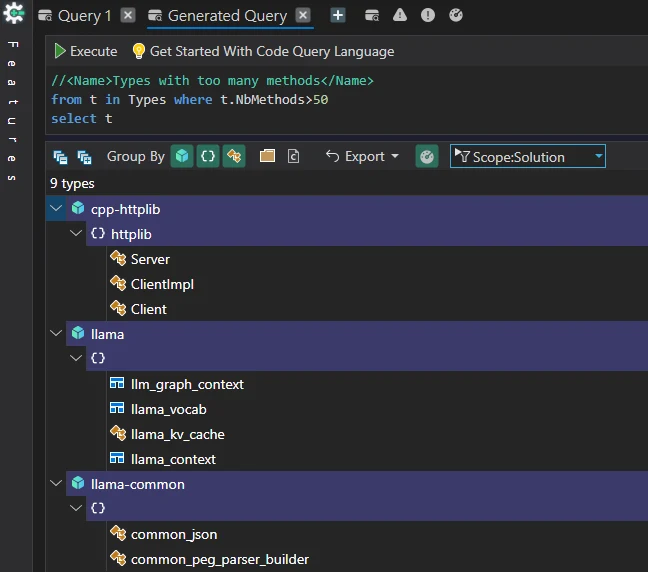 CppDepend query result showing llama.cpp types with a large number of methods