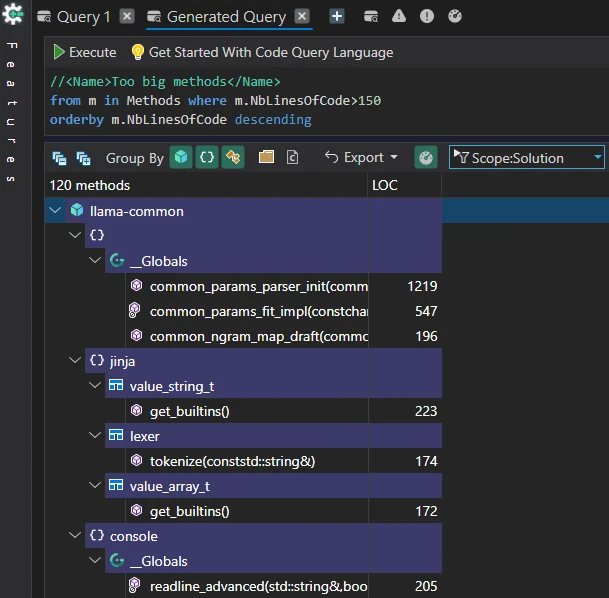 CppDepend query result showing oversized methods in llama.cpp