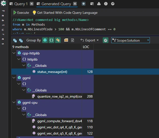 CppDepend query result showing large uncommented methods in llama.cpp