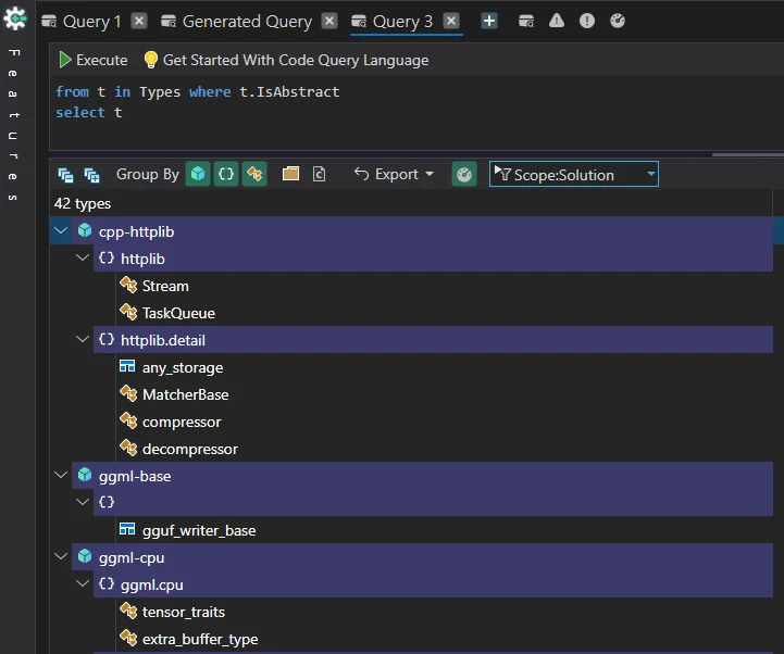 CppDepend code query searching for abstract types in the llama.cpp codebase