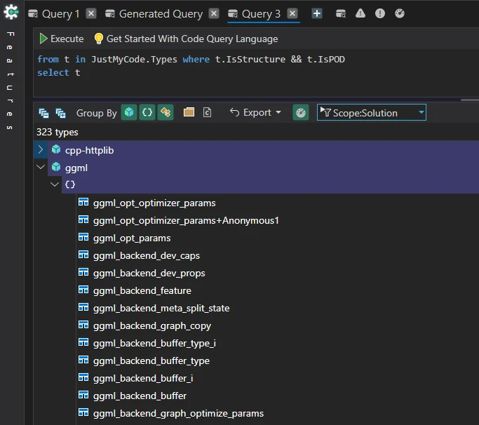 CppDepend code query listing the POD types used in llama.cpp