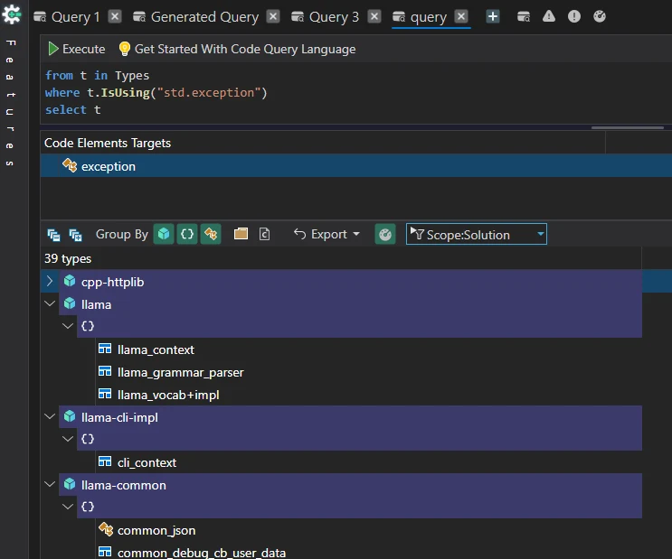 CppDepend code query showing which llama.cpp modules use std::exception