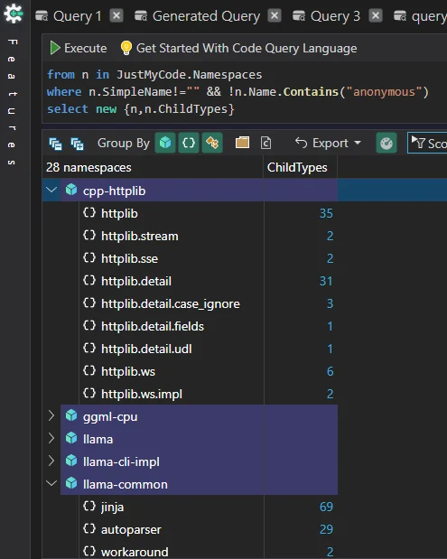 CppDepend code query exploring namespace usage across llama.cpp libraries