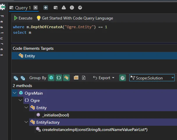 Code Quest query showing that only EntityFactory directly creates Ogre.Entity instances