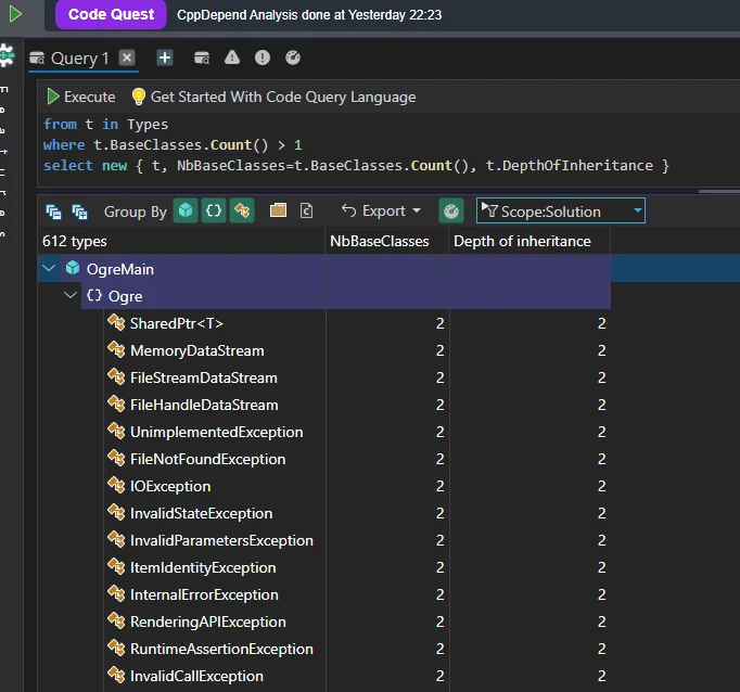 Code Quest query on base class count and depth of inheritance across OgreMain types
