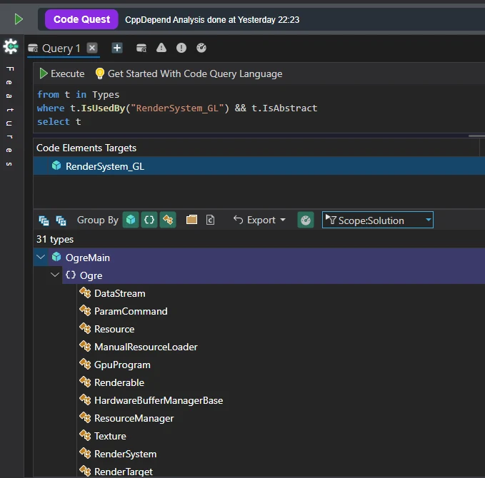 Code Quest query listing the 31 abstract OgreMain types used by RenderSystem_GL
