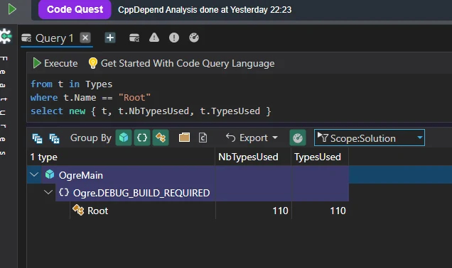 Code Quest query showing Ogre::Root uses 110 types (efferent coupling above 100)