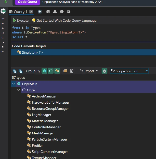 Code Quest query listing the 57 types deriving from Ogre.Singleton<T>
