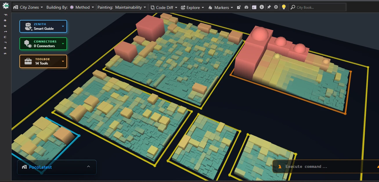 CppDepend 3D Code City of the POCO C++ codebase, methods colored by maintainability