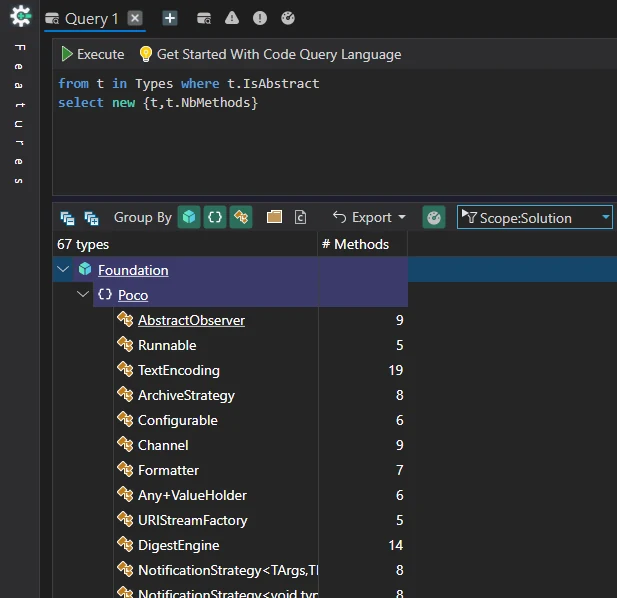 CQLinq query listing POCO abstract classes and their method counts