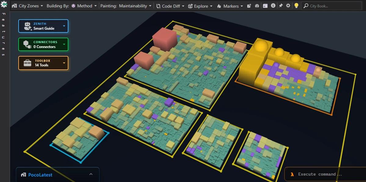 3D Code City painted by Code Diff: gold for new methods, violet for modified methods
