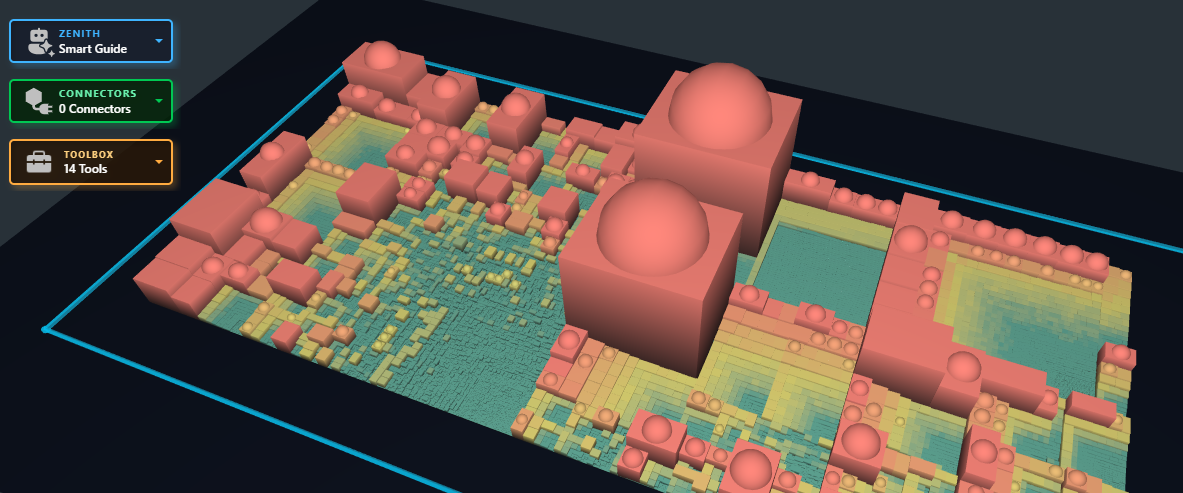 モノリシックな赤い塔が過密にひしめくCppDepend Code City