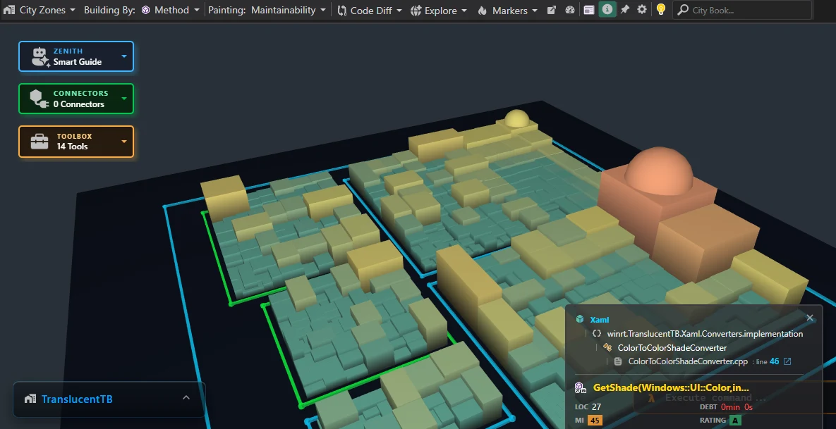 TranslucentTB codebase visualized as a uniform, well-structured 3D Code City in CppDepend