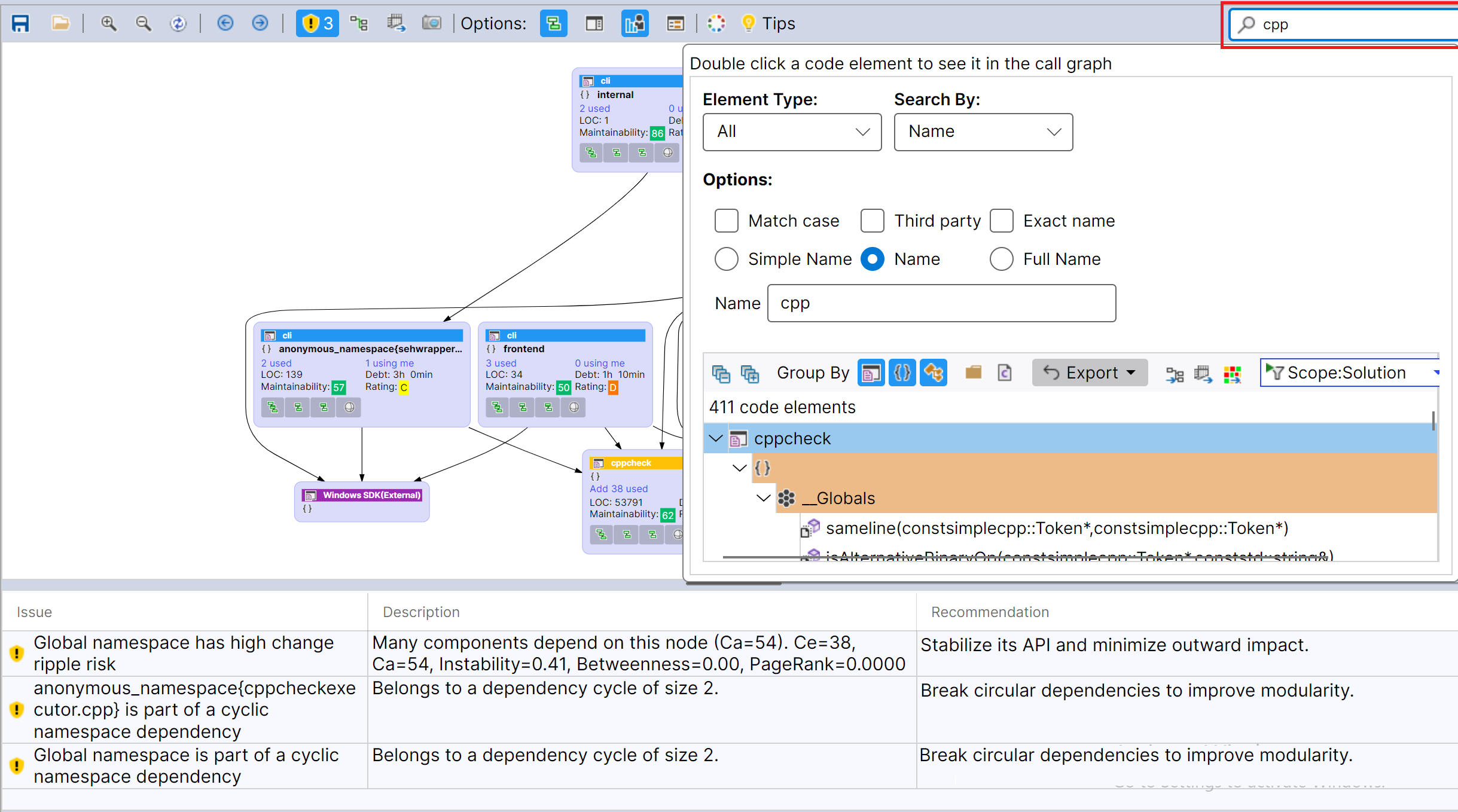 Search box in dependency graph
