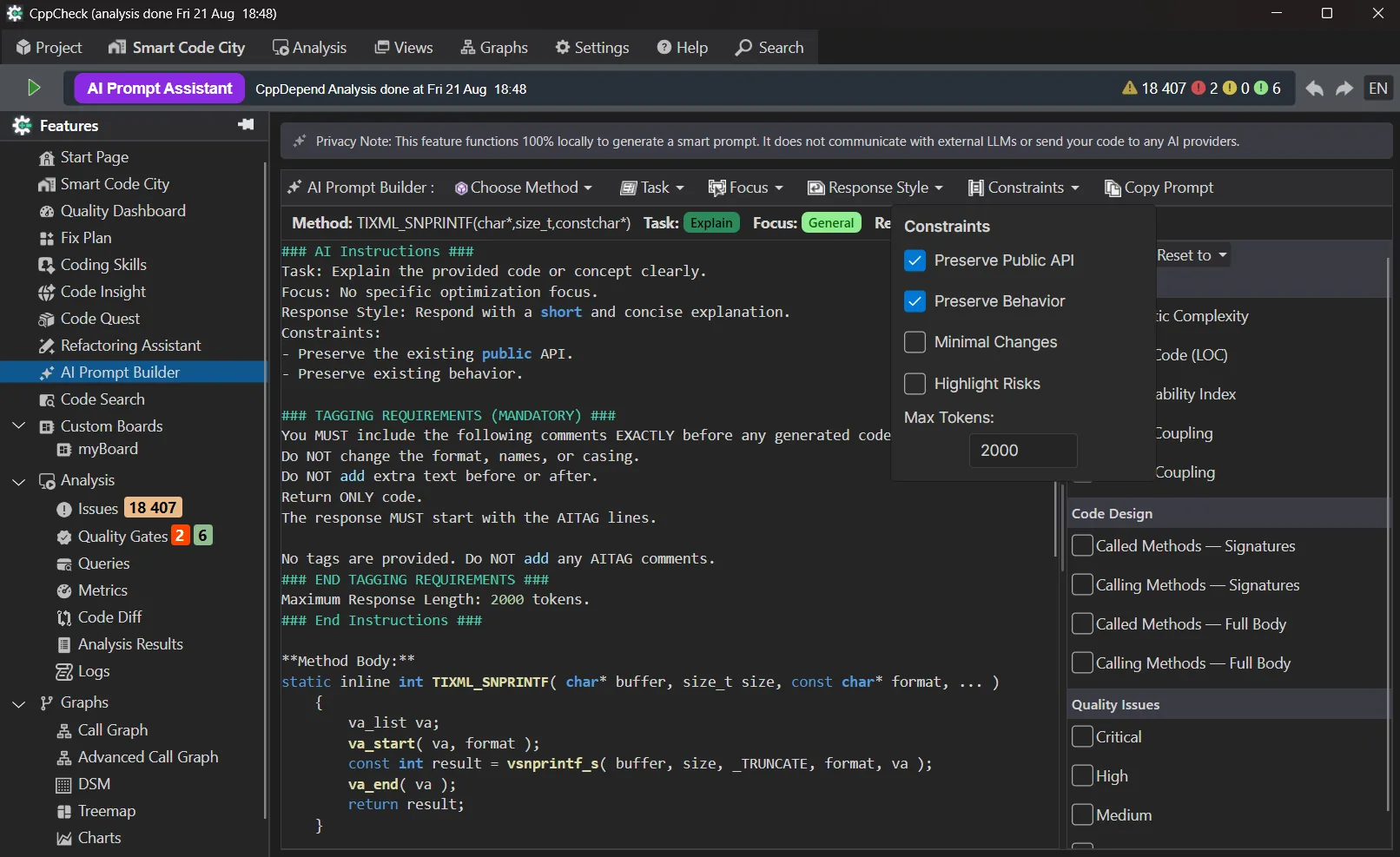 KI-Prompt-Builder – Einschränkungen: API beibehalten, Verhalten bewahren, max. Token