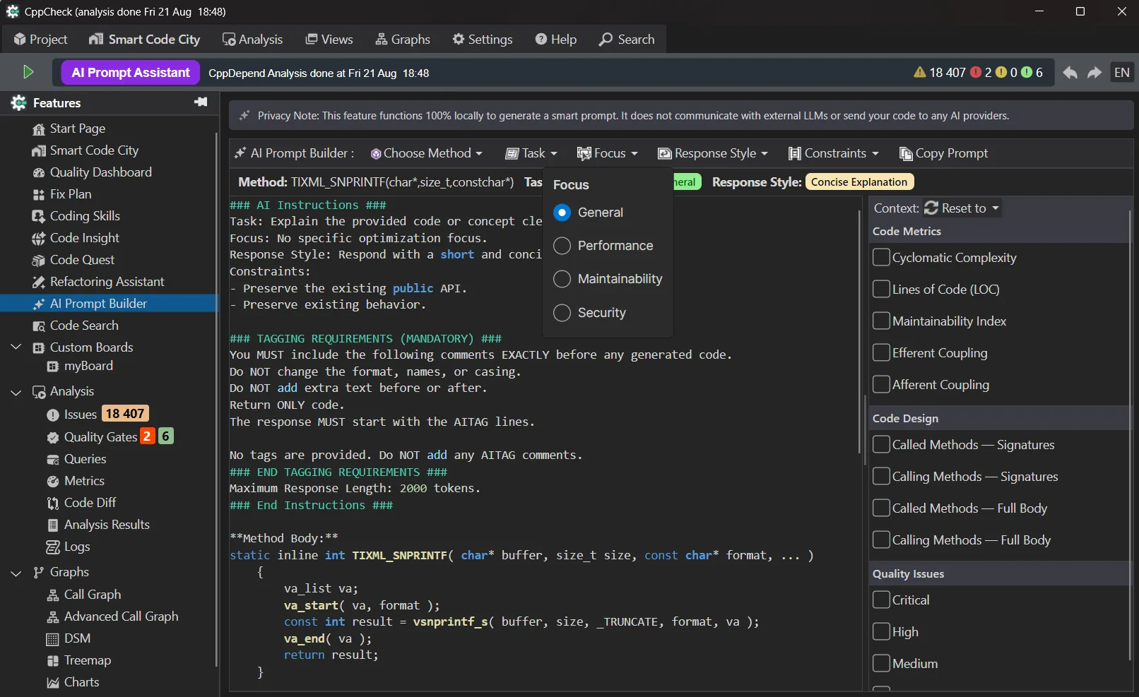 KI-Prompt-Builder – Fokusauswahl: Allgemein, Performance, Wartbarkeit, Sicherheit