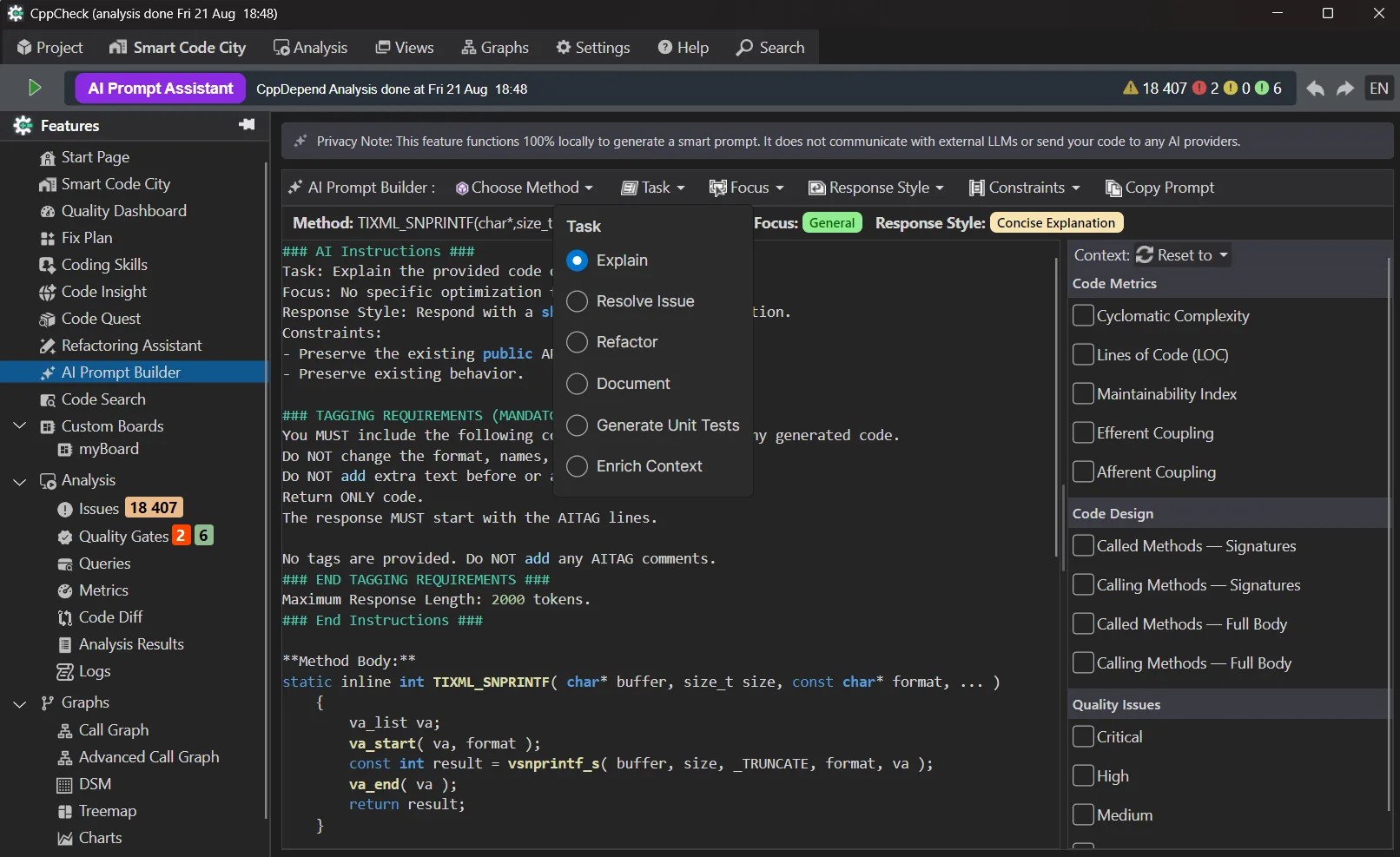 KI-Prompt-Builder – Aufgabenauswahl: Erklären, Problem beheben, Refactoring, Dokumentieren, Unit-Tests generieren, Kontext anreichern