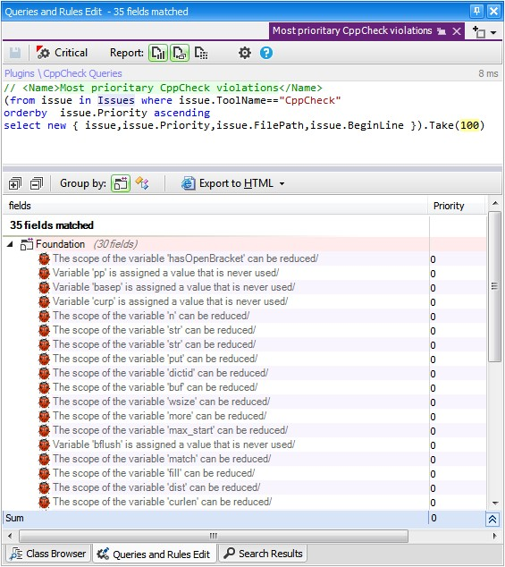 Browse for CppCheck problems with CQLinq
