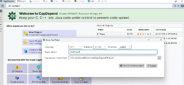 Neues CppDepend-Projekt erstellen