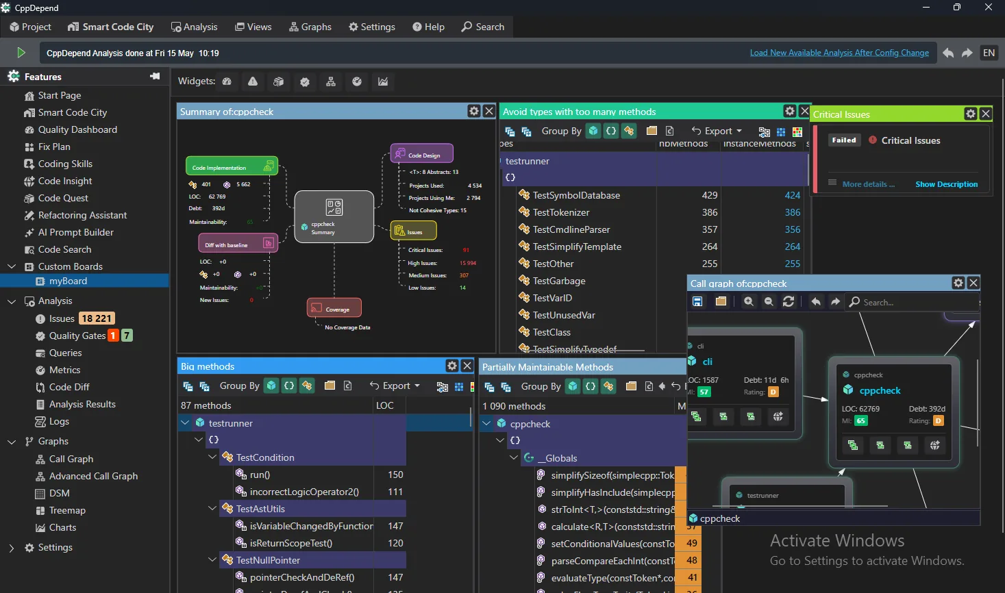 Benutzerdefiniertes Board mit mehreren Widgets: Zusammenfassung, Abfragen, Quality Gate und Aufrufgraph