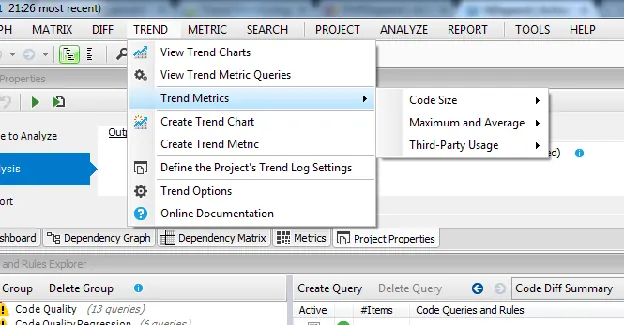 trend menu in cppdepend