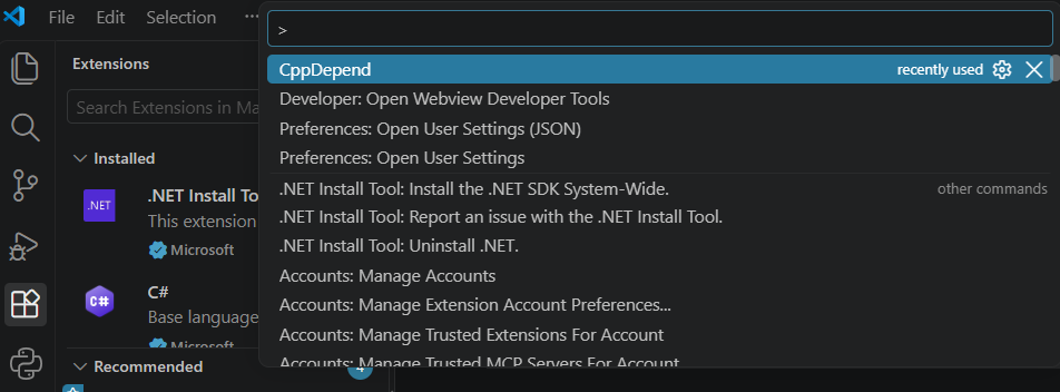 Launching CppDepend from the VS Code Command Palette