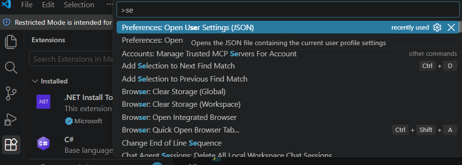 VS Code Command Palette: Preferences Open User Settings JSON