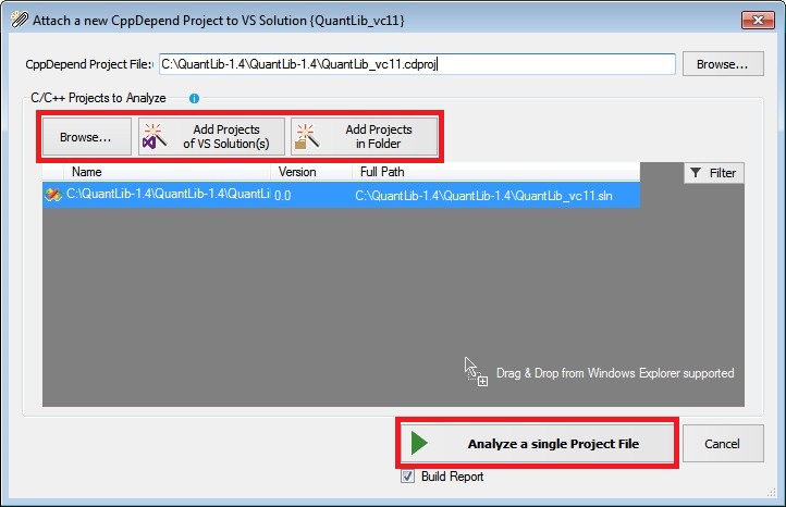 Adding CppDepend project in Visual Studio